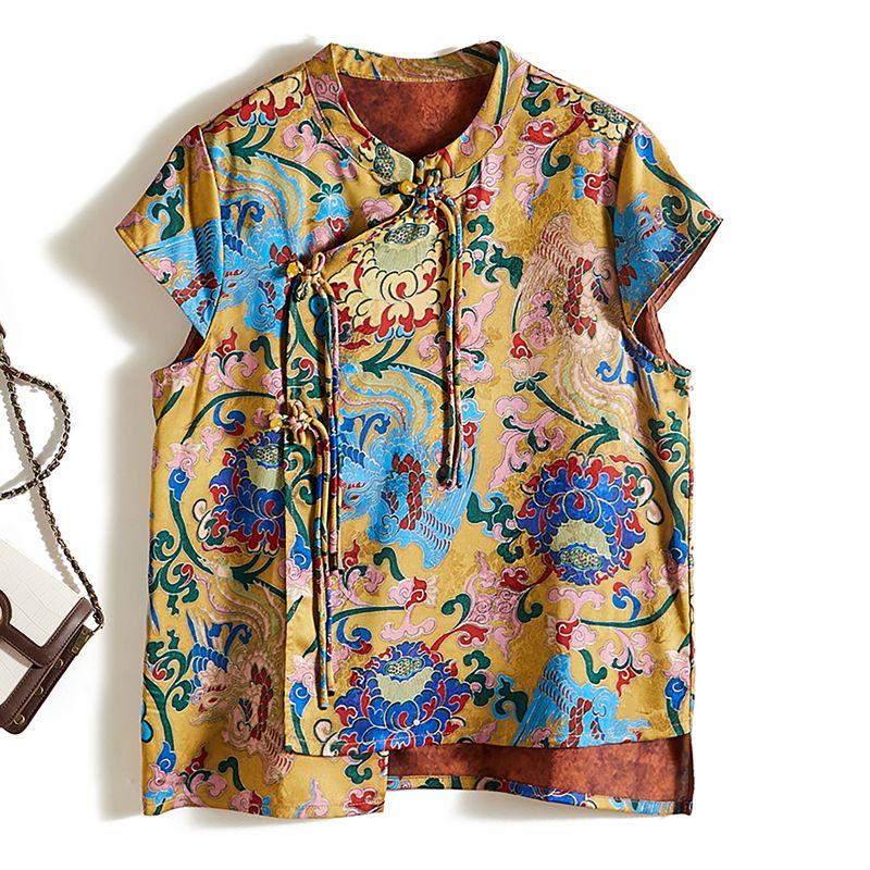 

Love It! New Chinese Style Small Stand Collar Buckle Tassel Satin Poplin Cotton New Color Print T-shirt Summer Women s Top Flower color L