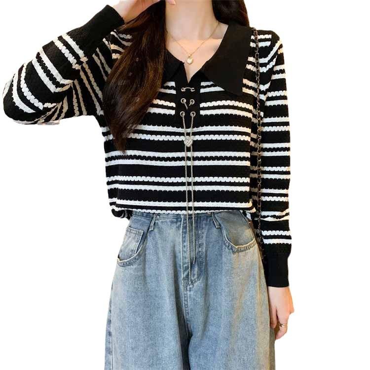 POLO Collar Chain Long Sleeved Striped Knitted Sweater Women's Autumn Outfit New Slim Fit Short Top Base Shirt Women's Clothing