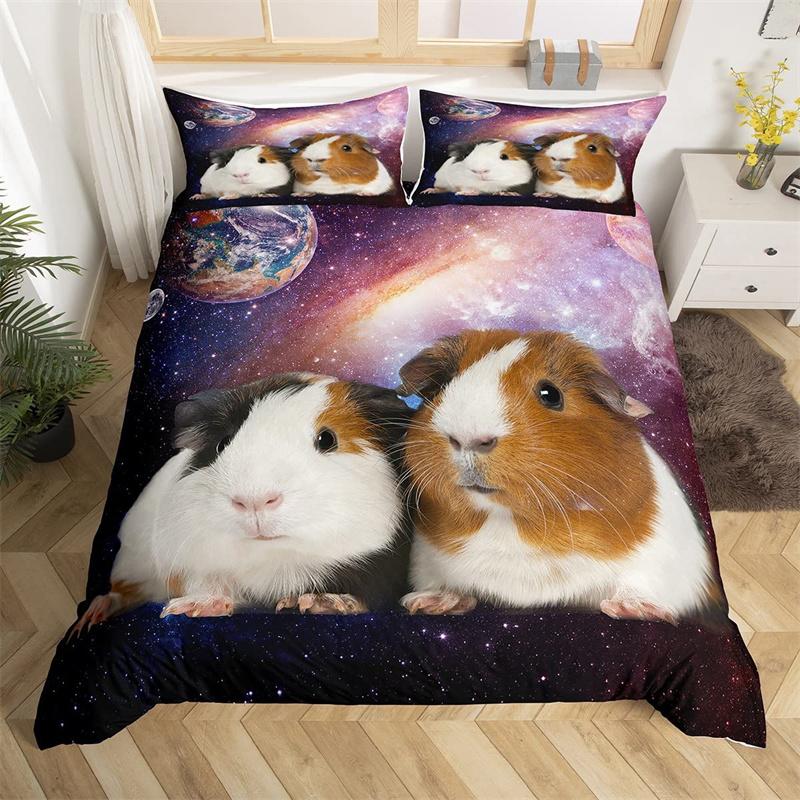Raccoon Bedding Set Cute Cartoon Animal Duvet Cover Set Universe Galaxy Comforter Cover Polyester Red Starry Sky Bedspread Cover
