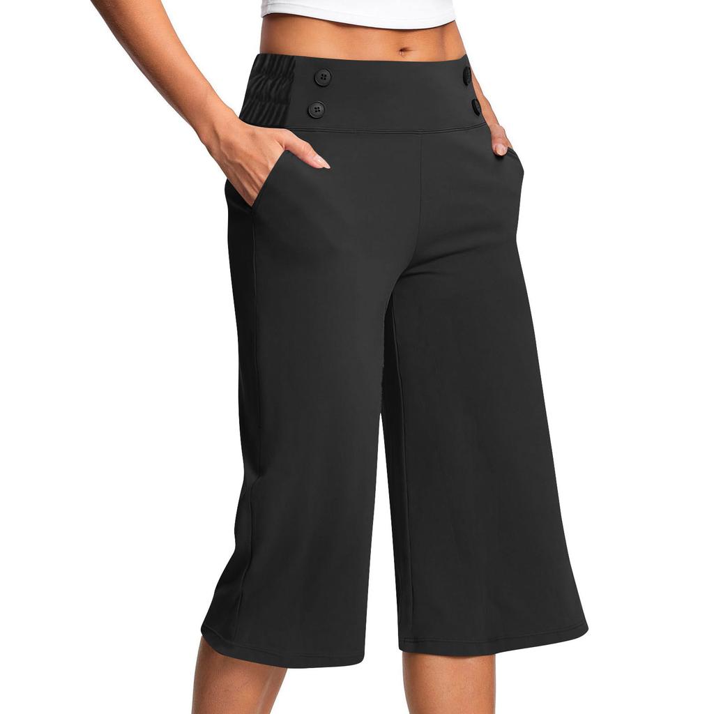 European and American Women's Stretchy, Comfortable, Wide-leg Yoga/fitness Pants, Solid Color, Casual Wear.