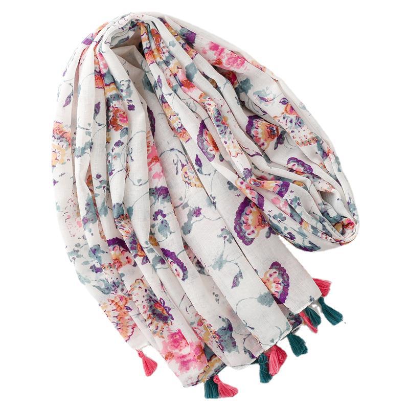 Four Season Cotton And Linen Hand Feel Scarf, Retro Ethnic Style, Colorful Flowers, Thin Tassel Scarf, Shawl For Women