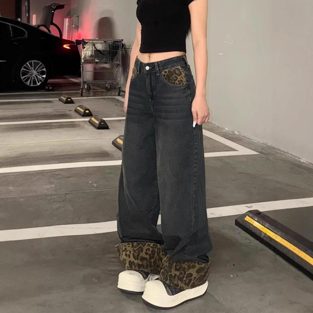American Retro Leopard Print Patchwork Wide-Leg Jeans for Women