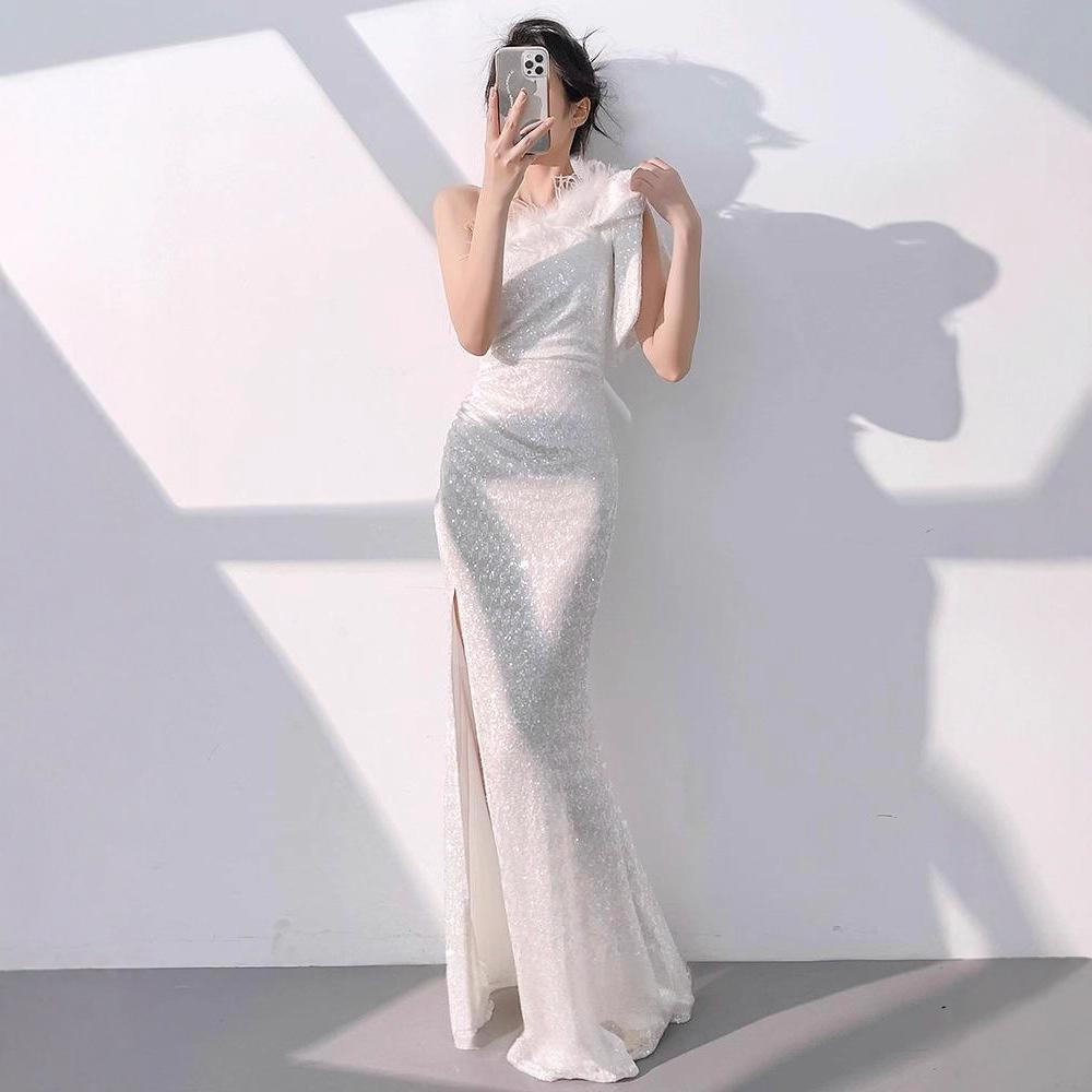 White evening dress women's   new banquet temperament long French one-shoulder celebrity host fishtail dress
