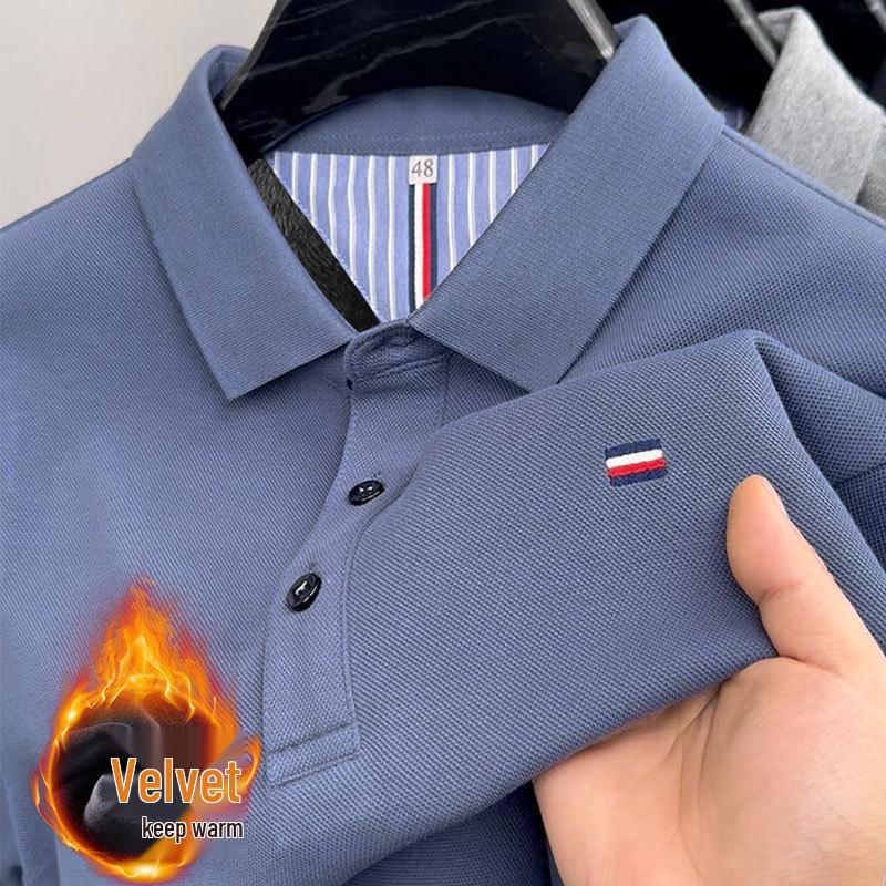 Herren Fleecegefüttert Bestickt Langarm Poloshirt - Herbst/Winter 2025 Business Casual Umlegekragen