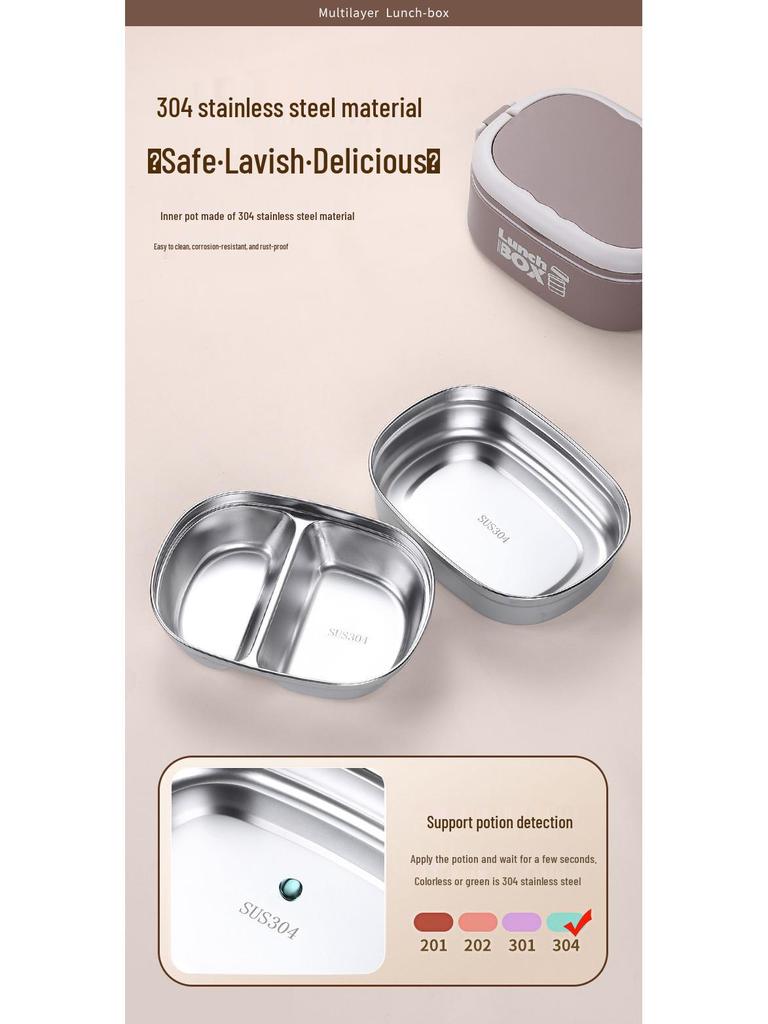 Nerezový izolovaný bento obědový box pro kancelář a studenty, přenosná nádoba na jídlo vhodná do mikrovlnné trouby.