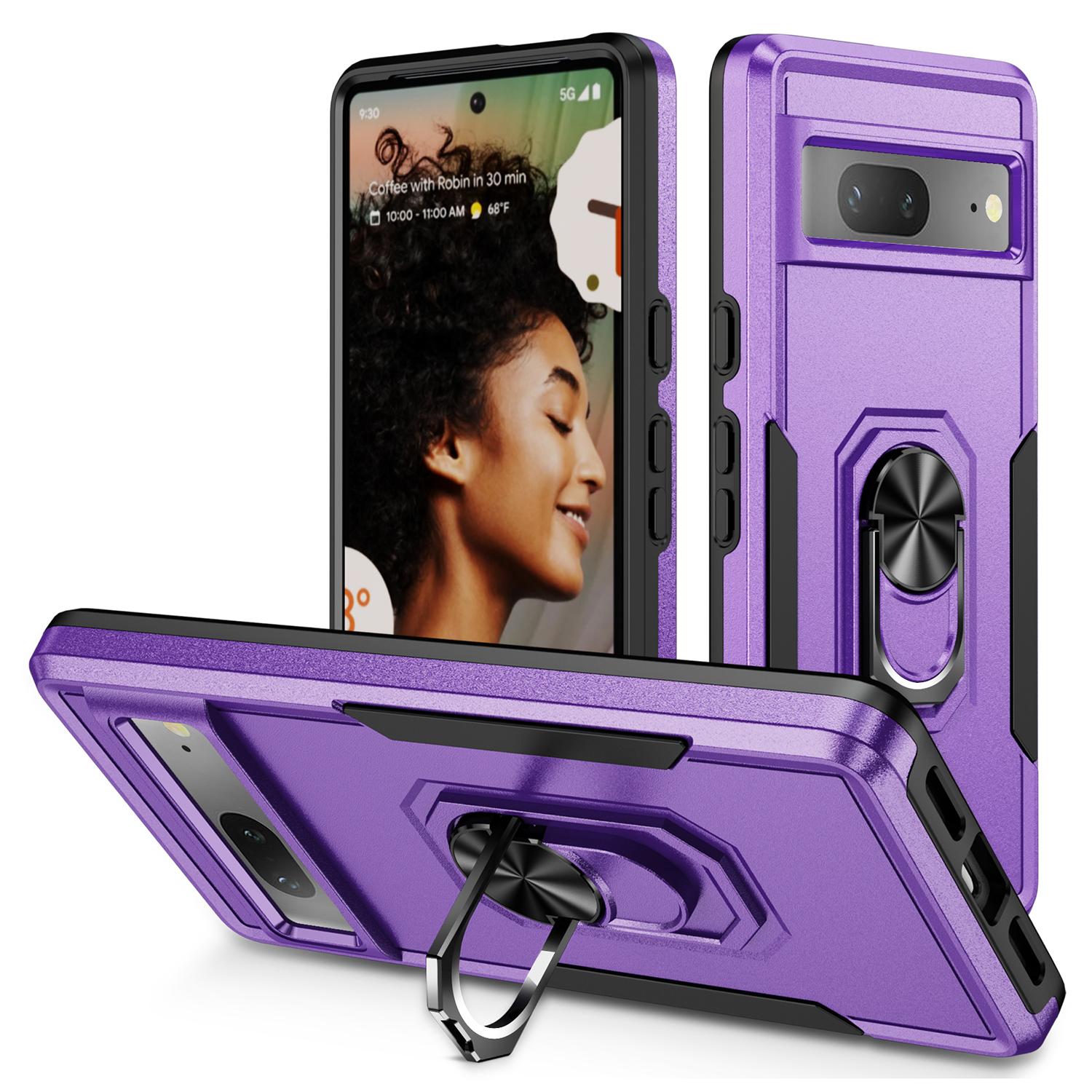 

For Google Pixel 7 5G Case Military Grade Ring Kickstand PC+TPU Phone Cover Purple+Black