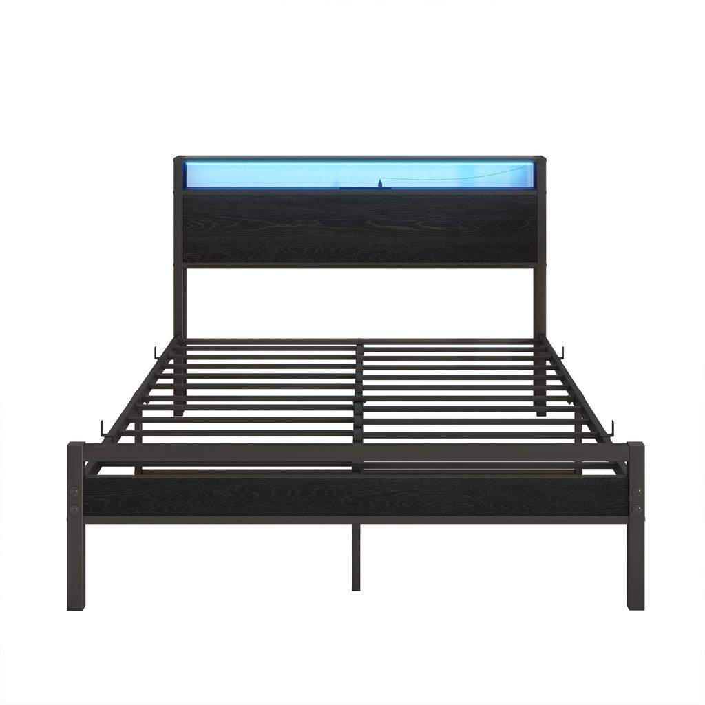 Bed 140x200 with Storage, Metal Bed Frame with USB Charging Function & LED Lighting, Modern Storage Bed with Headboard Shelf, Youth Bed/Guest Bed