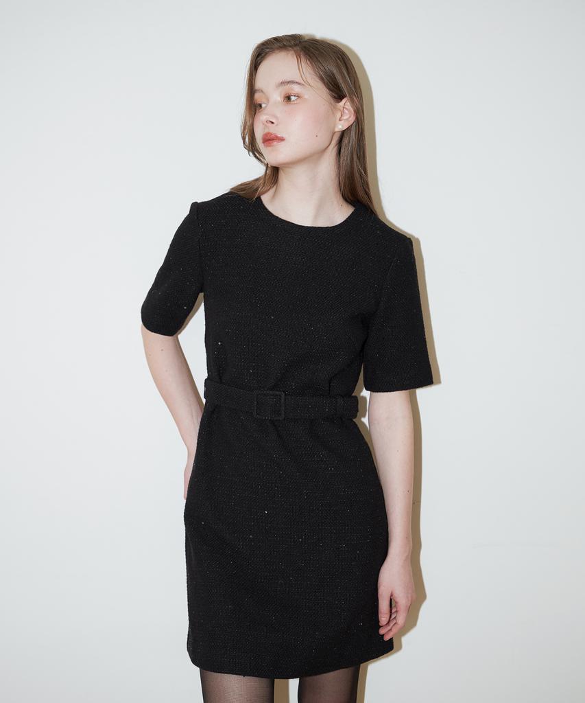 VEM.VER Belted Half Sleeve Tweed Dress_Black