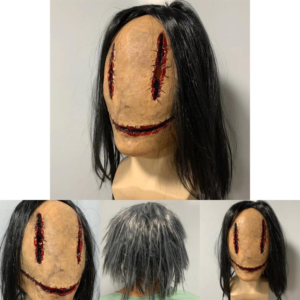 Scary Latex Female Ghost Face Mask With Wounds And Fake Hair For Halloween Dress Up