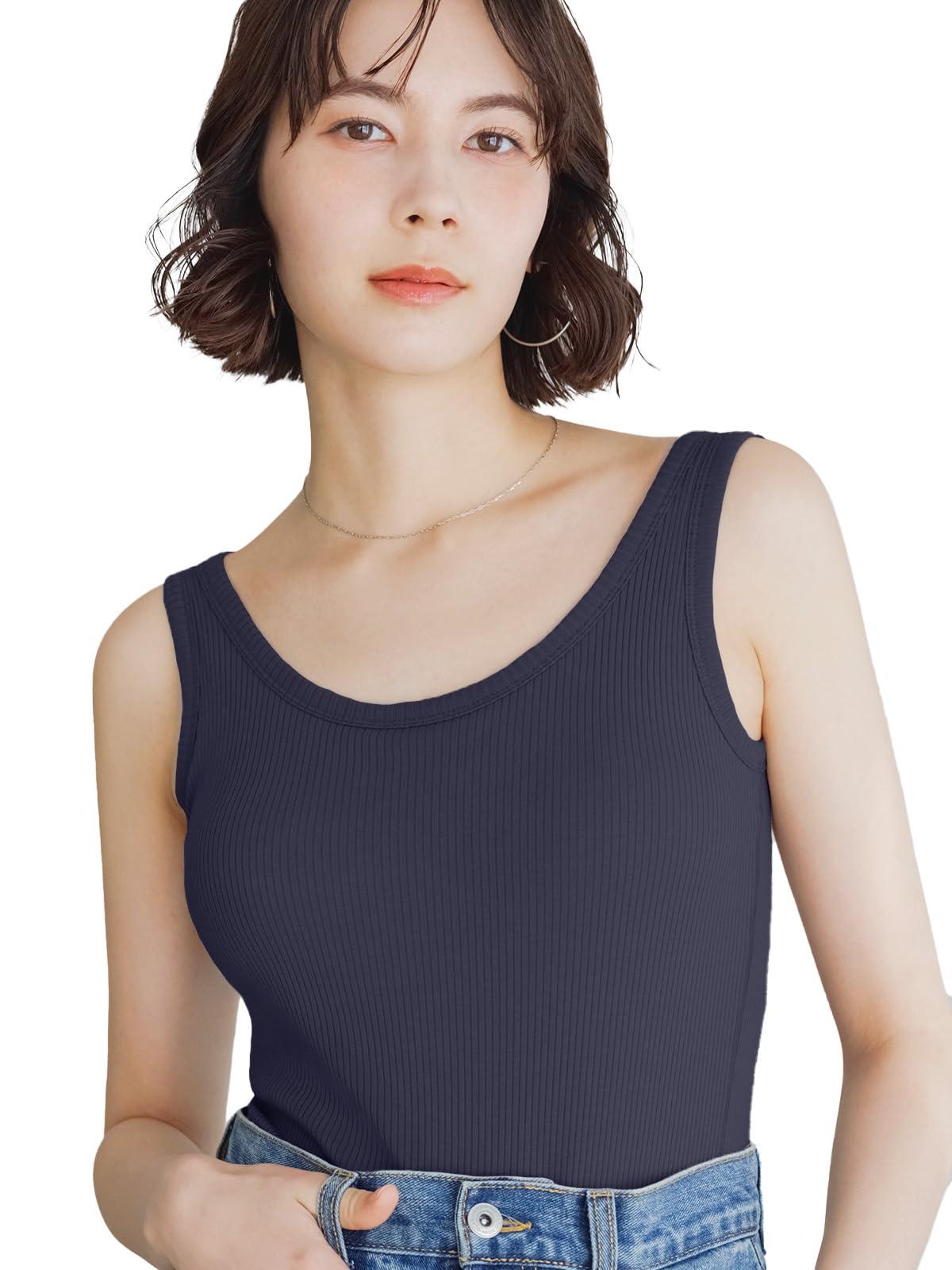 

Запатентованный рубчатый топ-майка Bambi Water с хлопковыми сероватыми женскими чашками, (Размер S, Темно-синий)