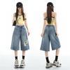 Mode Sommer Zerrissen Verwaschen Dünner Stoff Weiter Bein Locker Gerade Jeans Cropped Capri-Hose Zerstört Gewaschen Vielseitig Schlankmachend Streetwear Hosen