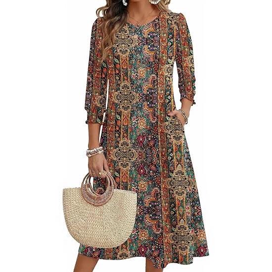 Women's Summer, Pocket Seven-Sleeve Floral Medium and Long Casual Dress