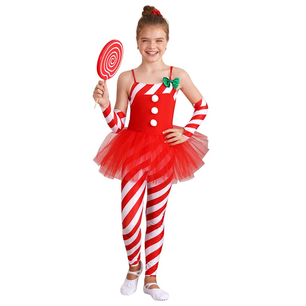 Girls Christmas Candy Cane Costume Sleeveless Striped Tulle Peplum Jumpsuit Santa Claus Dancewear Arm Sleeves