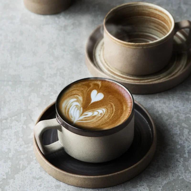 Japanese Style Stoneware Coffee Cup and Saucer Set Handmade Retro Mark Cup 350ml Large Capacity Household Milk Breakfast Cup