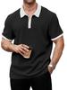 Herren Waffelstrick Poloshirt, Kurzarm, Reißverschlusskragen mit weißer Paspel (Schwarz)