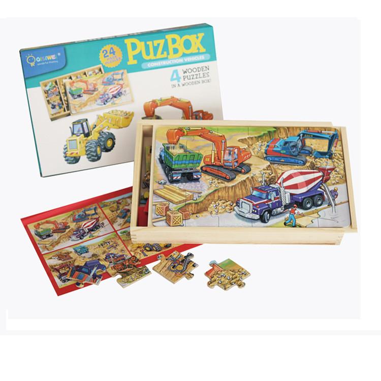 Holzpuzzle-Set mit Vier-in-einem-Transport- und Dinosaurier-Themen für Kinder zum Lernen und Spielen