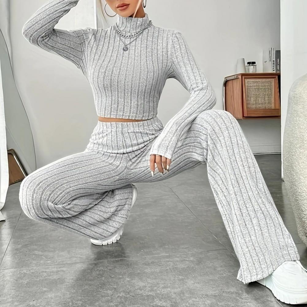 2 Pcs/Set Fall Winter Women Top Pants Set Half-high Collar Long Sleeves Slim Fit Sweatshirt High Waist Solid Color Striped Trous