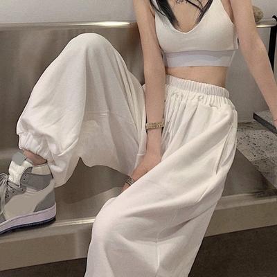 Pantaloni de sport albi pentru jogging pentru femei Pantaloni sport la moda coreeană Pantaloni de jogging largi Harajuku, până la glezne
