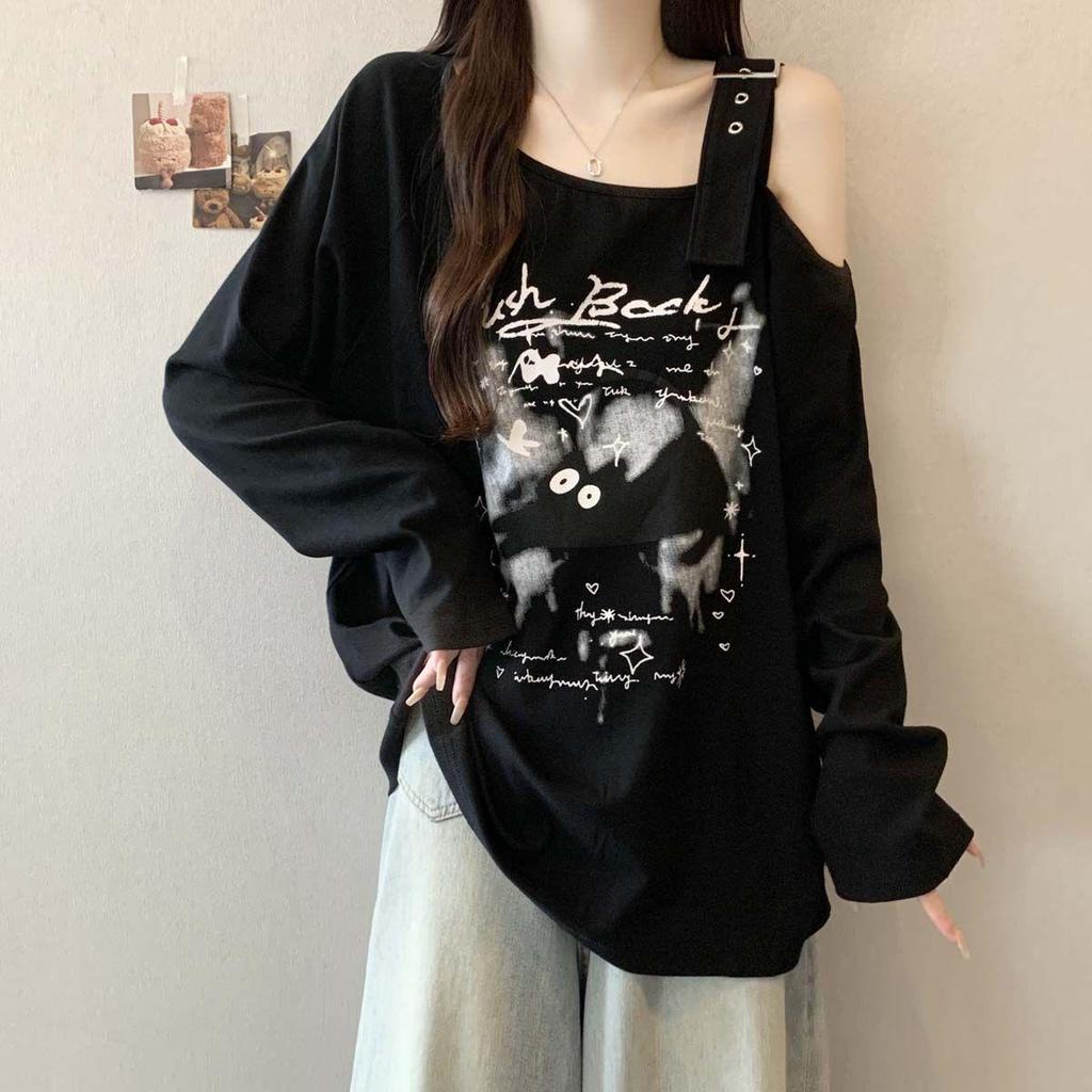 Plus Size Asymmetrical Cartoon Print Long Sleeve T-shirt - Women's Spring/Autumn Loose Slimming Top
