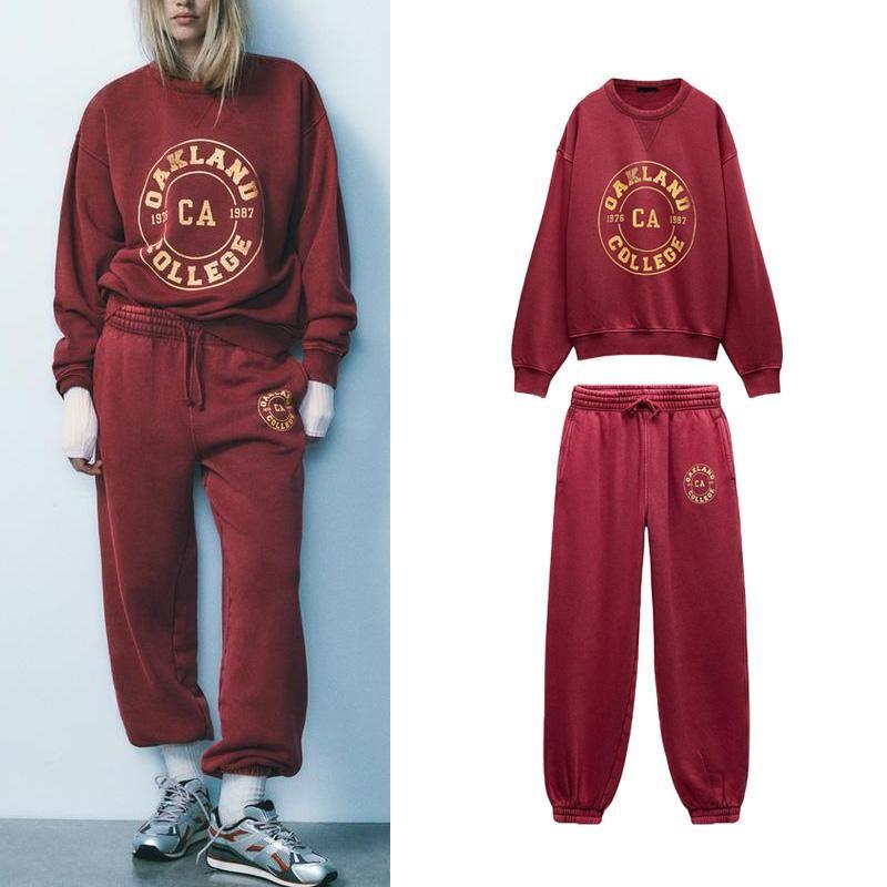 Fall and Winter Washing Effect Preppy Style Alphabet Plus Velvet Sweatshirt 3253837 Drawstring Jogger Pants 3253838