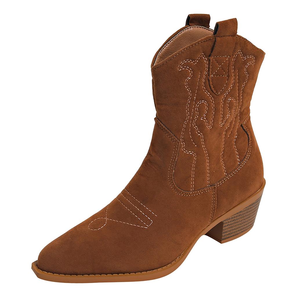 Fashion Women's Boots Vintage Embroidery Western Cowboy Boots Fall And Winter Chunky Heel Round Rain Boots for Women Mid Calf 8
