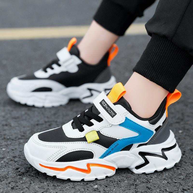 Children'S Shoes Boys' Leather Waterproof Running Sneakers Students' Autumn And Winter Plus Velvet Warm Cotton Shoes