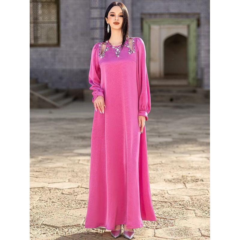 

New Arrival Middle East Hand-Stitched Diamond Hollow Lantern Sleeve Loose Dress Hand Sewn Diamond Dress Rose Pink M