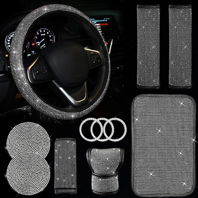 11 Pcs Bling Car Accessories Set,Bling Car Accessories Set For Women,Steering Wheel Cover For Women Universal Fit 15 Inch,Rhinestone Center Console