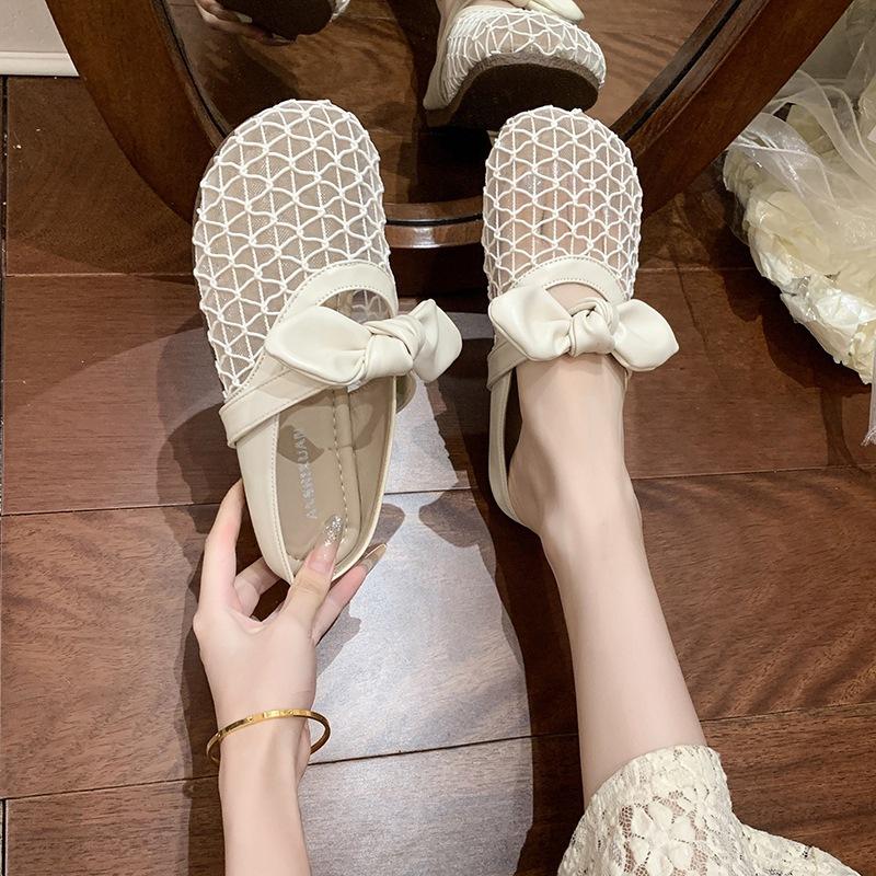 Mesh Woven Bag Head Cool Slippers Women's Summer Wear 2025 New with Skirt Breathable Fashion Bow Half Slippers