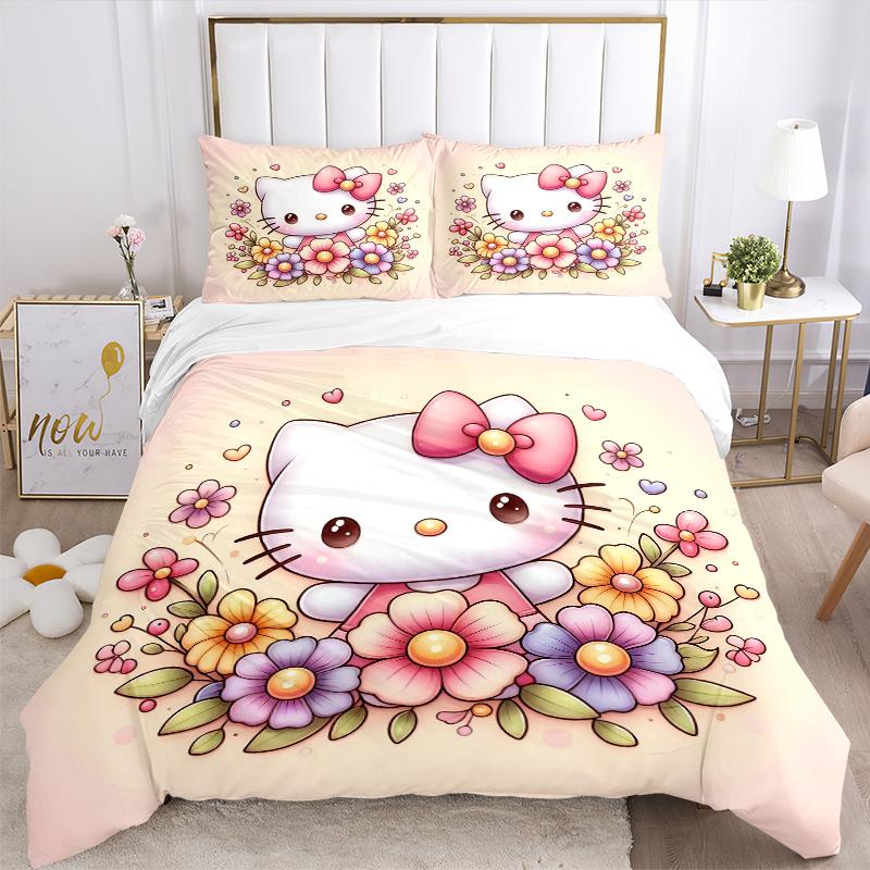 3pcs Cartoon Kitty In a Garden of Flowers Printed Quilt Set - Soft and Comfortable Quilt Cover for Bedroom, Guest Room H039