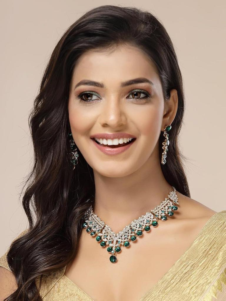 Inspiring Fashionable AD Stone Diamond Studded Gold Plated Green Choker Necklace with Dangle Earring Jewellery Set