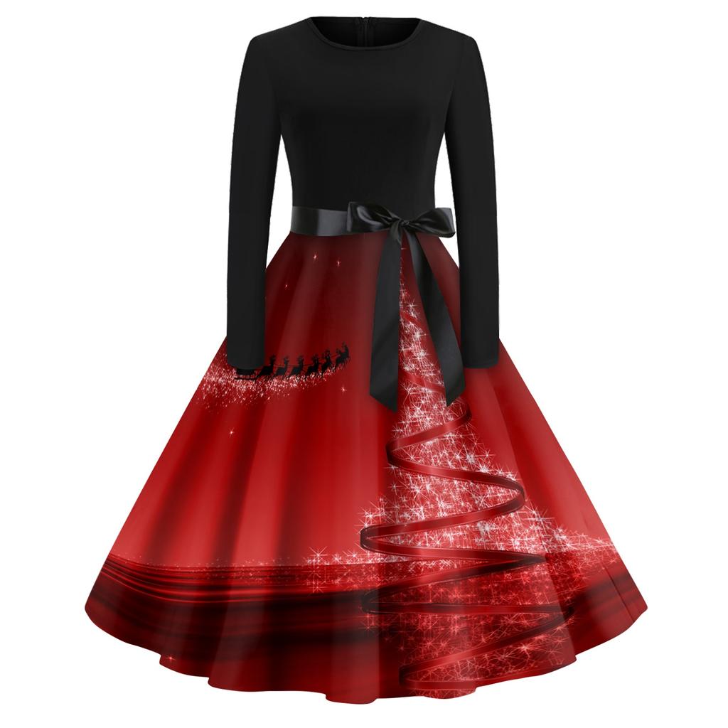 Women's Casual Vintage V-Neck Dress with Christmas Snowflake and Tree Print