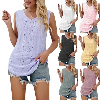 Blusas informales sin mangas de verano para mujer, camisetas sin mangas para discoteca, camisetas bohemias de encaje con cuello en V profundo, camisolas ahuecadas, ropa de playa, camisas sueltas