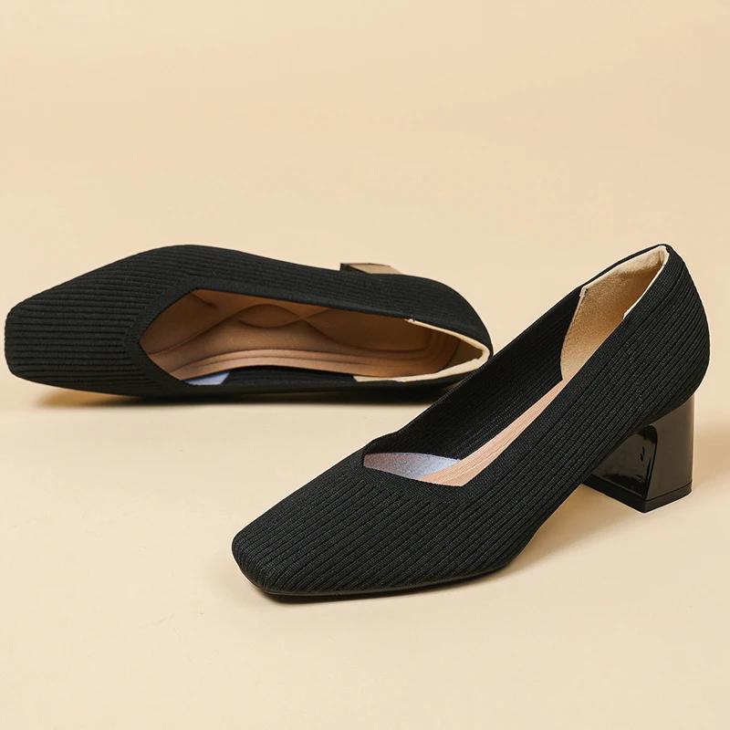 Buty Damskie Wysokie Obcasy Wygodne Kwadratowe Dzianinowe Oddychające Wygodne Damskie Baleriny (5 cm Wysoki) Kolekcja 2025