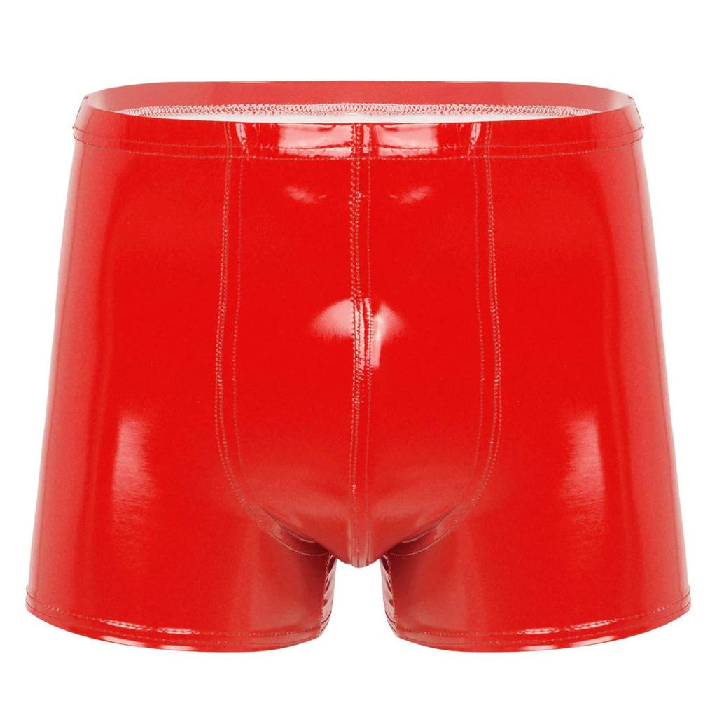 Mens Patent Leather Boxer Briefs Wet Look Shorts Elastic Waistband Bulge Pouch Design Clubwear