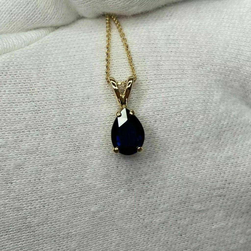 Sehr Tief Dunkelblauer Saphir 1,01ct Birnenschliff Gold Handgefertigte Anhänger Halskette Geschenk Für Frauen
