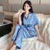 Women Sleepwear Sets Rest Summer Autumn Pajamas Set Turn Down Collar Faux Silk Satin Short Sleeve tops and long pants Female Pijama Home Wear