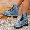 Fashion Light Blue Denim Platform Ankle Boots for Women Lace Up Non Slip Combat Shoes Woman Autumn Winter Fashion Short Boots Plus Size