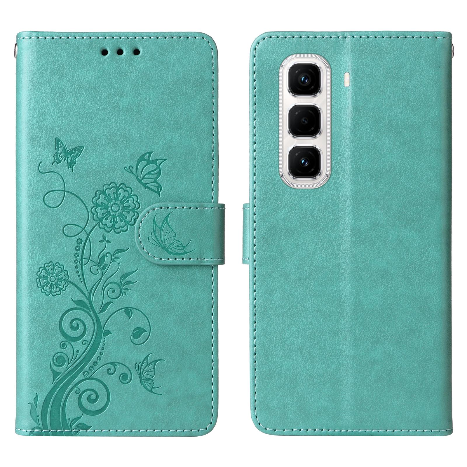 

For Infinix Hot 50 Pro+ 4G Leather Case Butterfly Floral Imprint Wallet Stand Cover Green