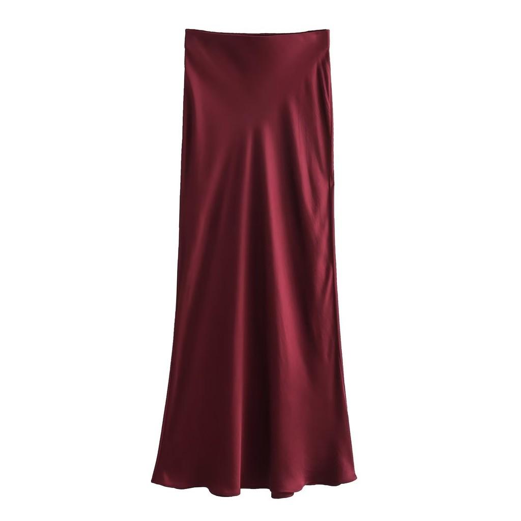 Qooth Women Elegant Satin Black Skirt High Waist Slim Skirt for Spring Summer QT2319