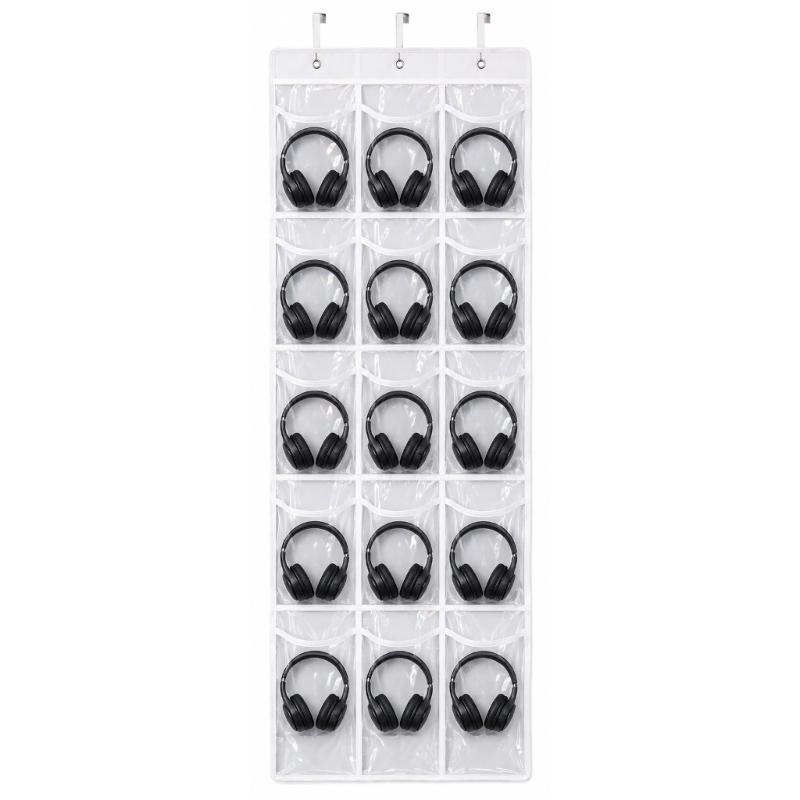 Clear Pocket Wall Storage Set of 2, Hanging Polyester Holder with 15 Front Pockets on Each Panel for Classroom Supplies, Phones and Daily Items