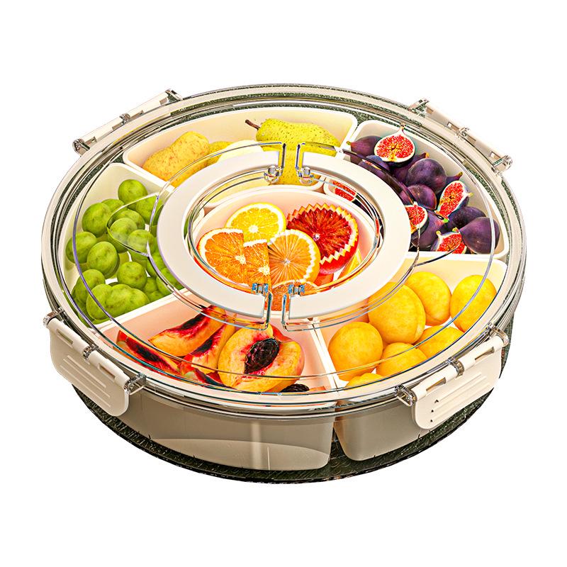 Six-Compartment Rotating Fruit Plate with Handle, Moisture-Proof Lid, Dried Fruit & Spice Box, Round Snack Container