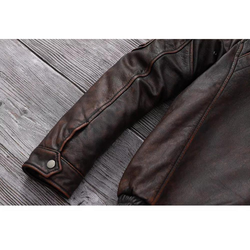 Dimensiune chinezească Vintage din piele de vacă autentică Jachetă din piele pentru bărbați Jachete de zbor bărbat haină de iarnă guler cald de blană naturală