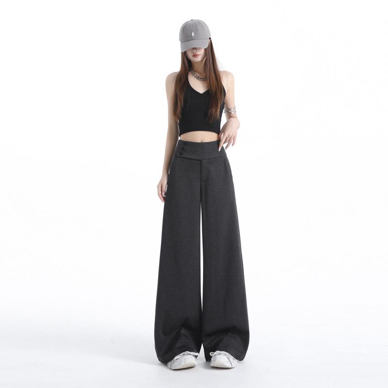 Women's Retro Grey Wide-Leg Suit Pants - Spring Casual, Versatile & Comfortable