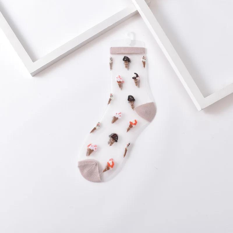 Summer Women Socks Ultra-thin Transparent Crystal Silk Socks Women Cartoon Print Japanese Kawaii Cute Funny Elastic Long Socks