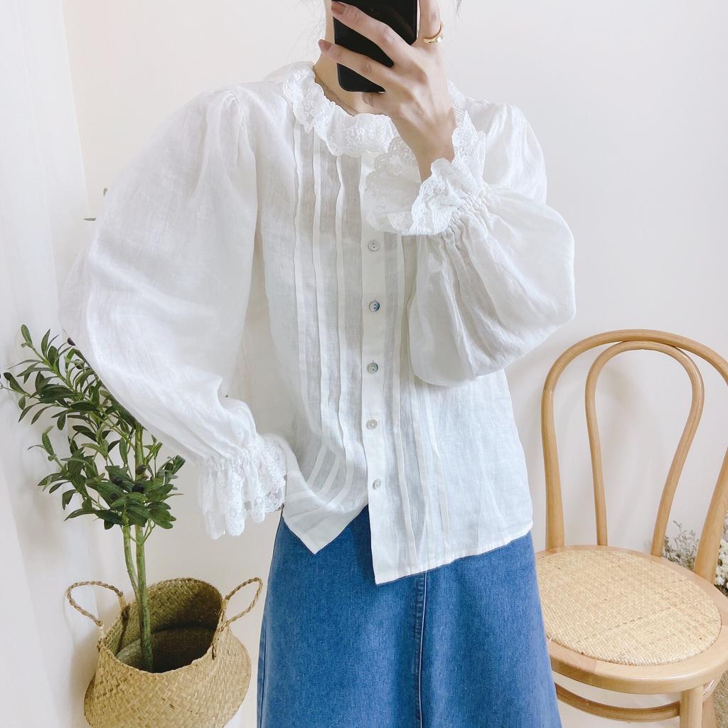 Koreanische Frauen Kleidung Spitze Rüschen Kragen Tops Frühling Weiße Leinen Einfarbig Weibliche Shirts