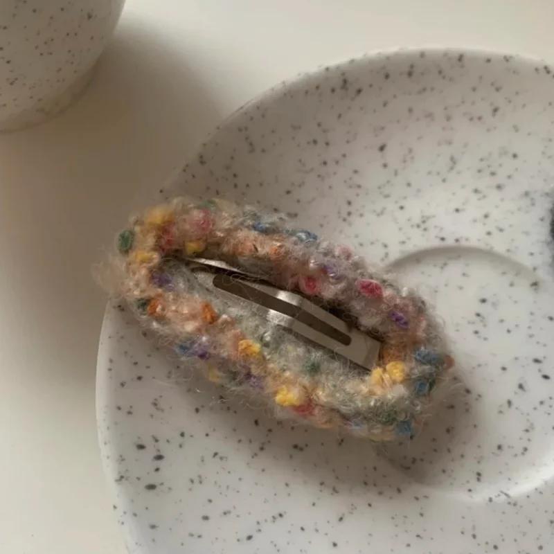 1PC Rainbow Color Classic Style Wool Knitted Barrettes Hand-Woven Hairpin BB Clip High Sense Bang Clip Headwear Hair Accessories