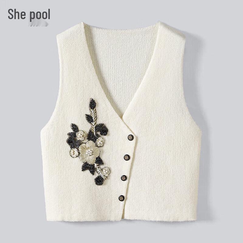 

Women s V-Neck Beaded Embroidered Knit Vest One Size