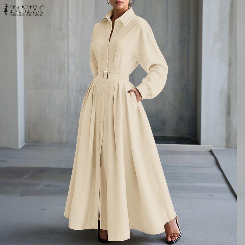 ZANZEA Damen Umlegekragen Langarm Casual Long Shirt Kleid