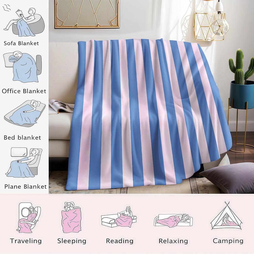 Blue & Pink Vertical Stripes Flannel Blanket Warm Soft Halloween Christmas Couch Warm Cozy Decorative Decor Gift for All Season